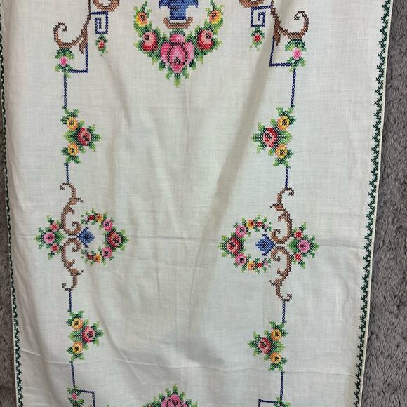 Vintage Cross Stitch Rectangle Table Runner Cover White Blue PInk Floral - Picture 5 of 7